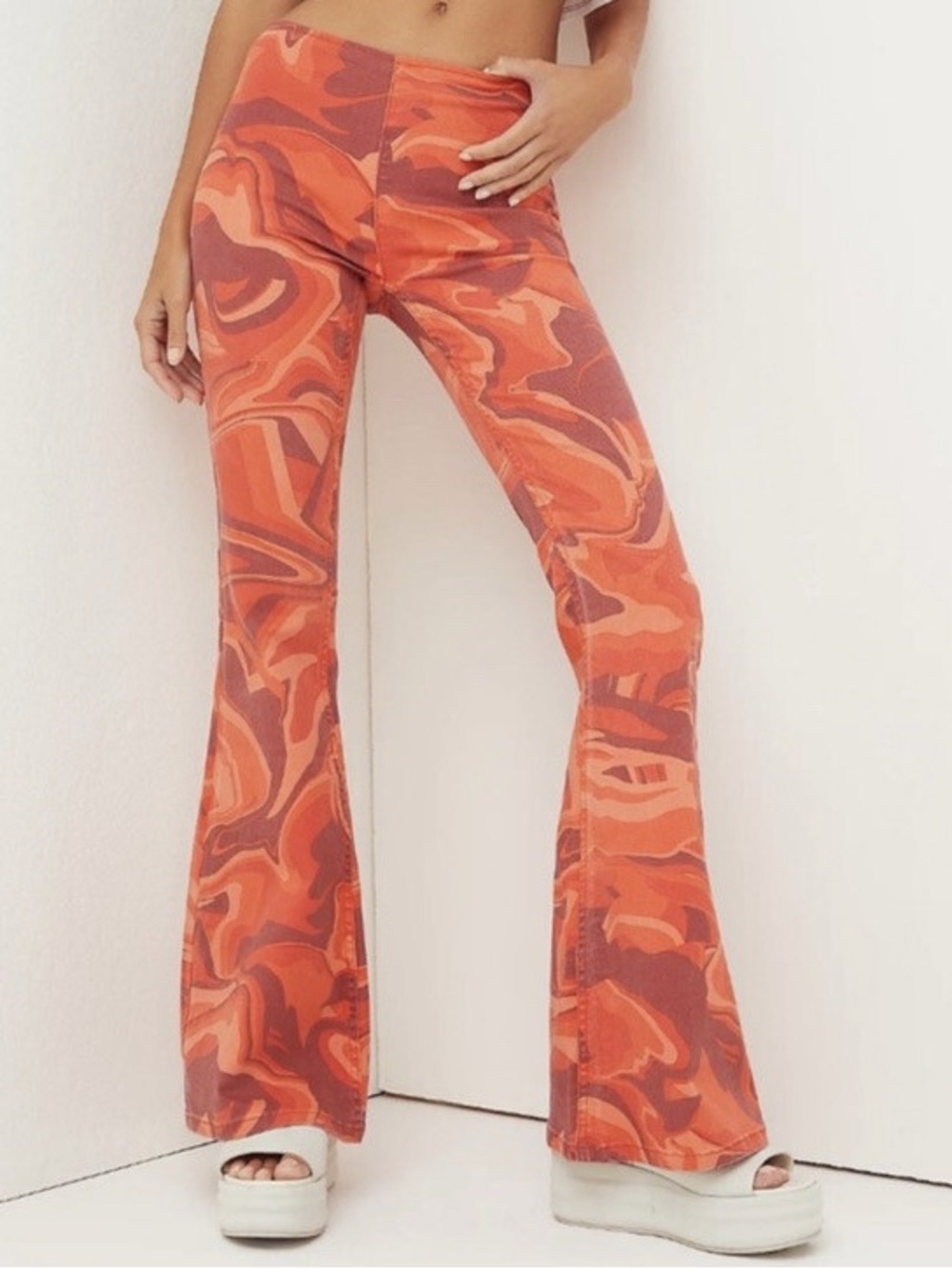Free People Penny Pull-On Flare Stretch Red Orange Retro Swirl